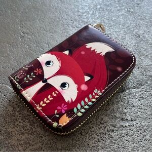Small Fox Print Vegan Leather Zip Up Card Wallet